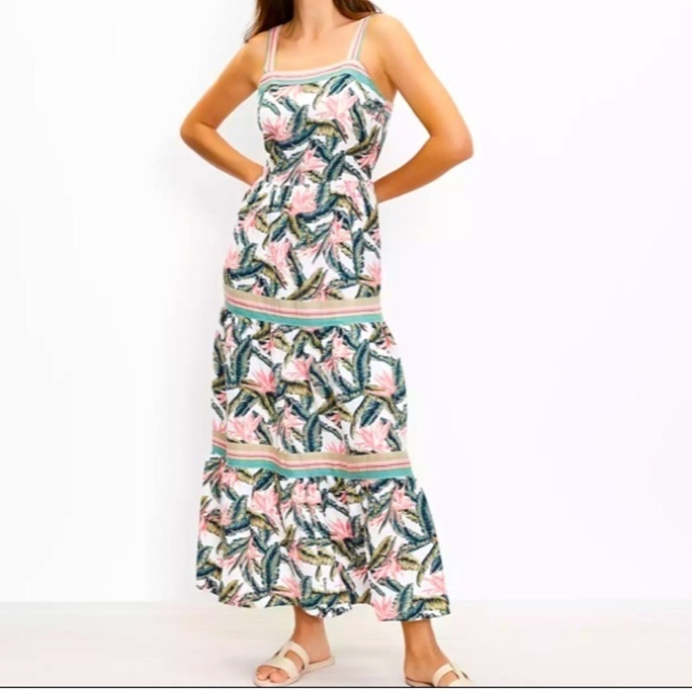LOFT Paradise Tiered Maxi Tropical Linen Dress Size 8